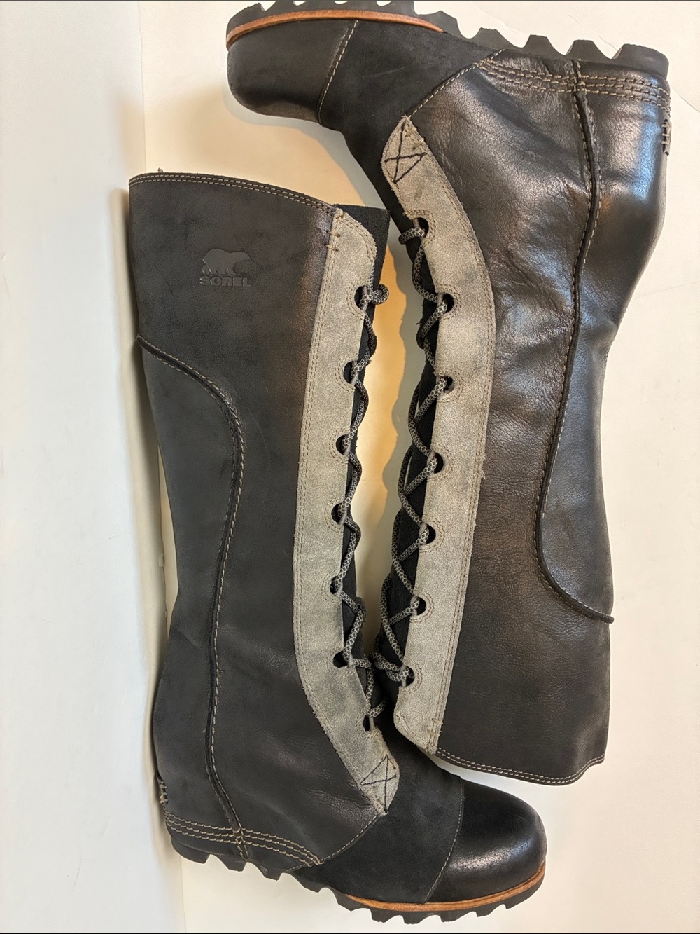 Sorel Cate the Great Wedge Lace Up Moto Rare Black Grey Gray Knee High Boots 9 - Picture 14 of 16